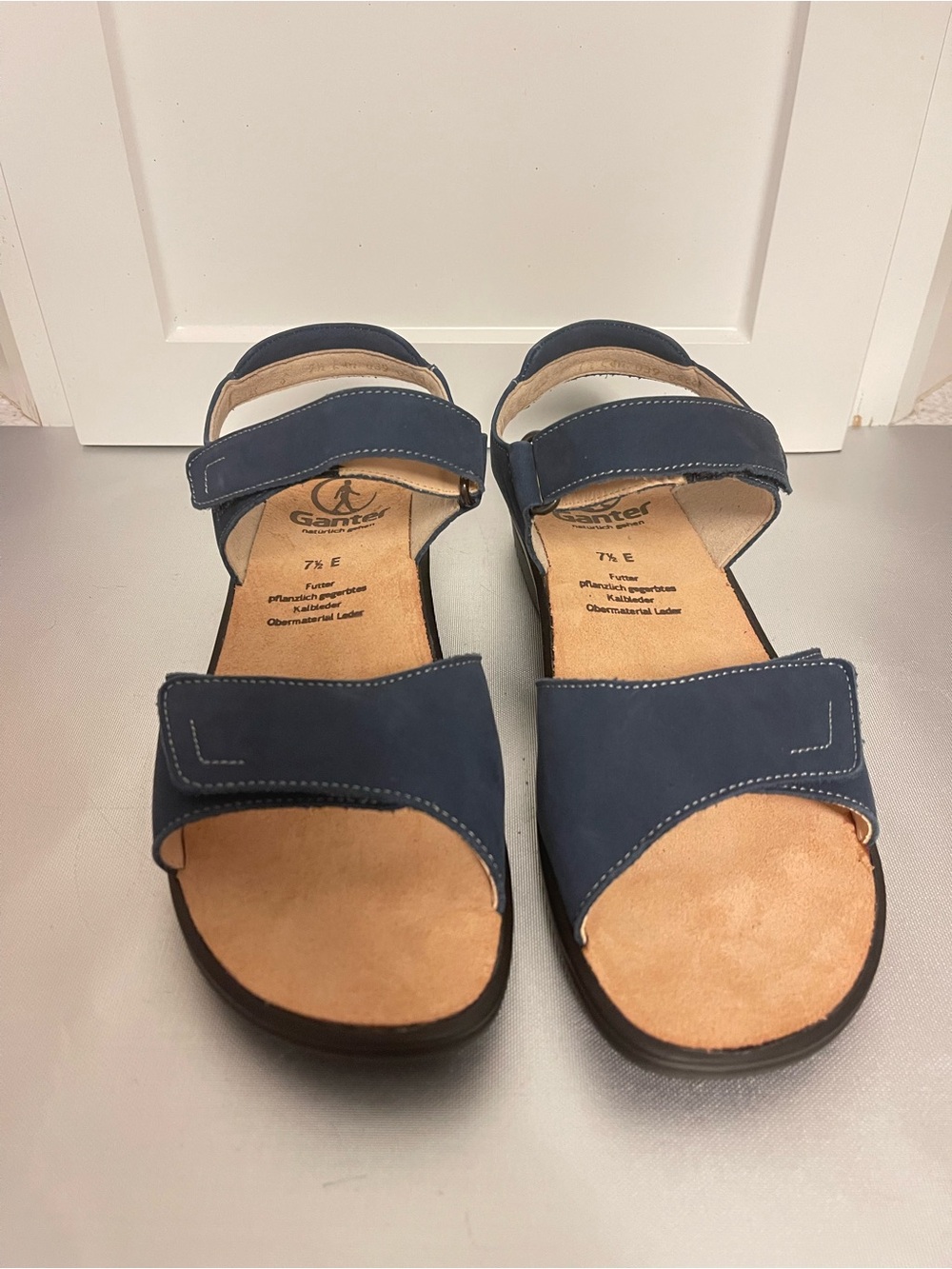 Ganter Navy Leather Open Toe Adjustable Strap Low Heel Sandals - Women Sz 7.5E